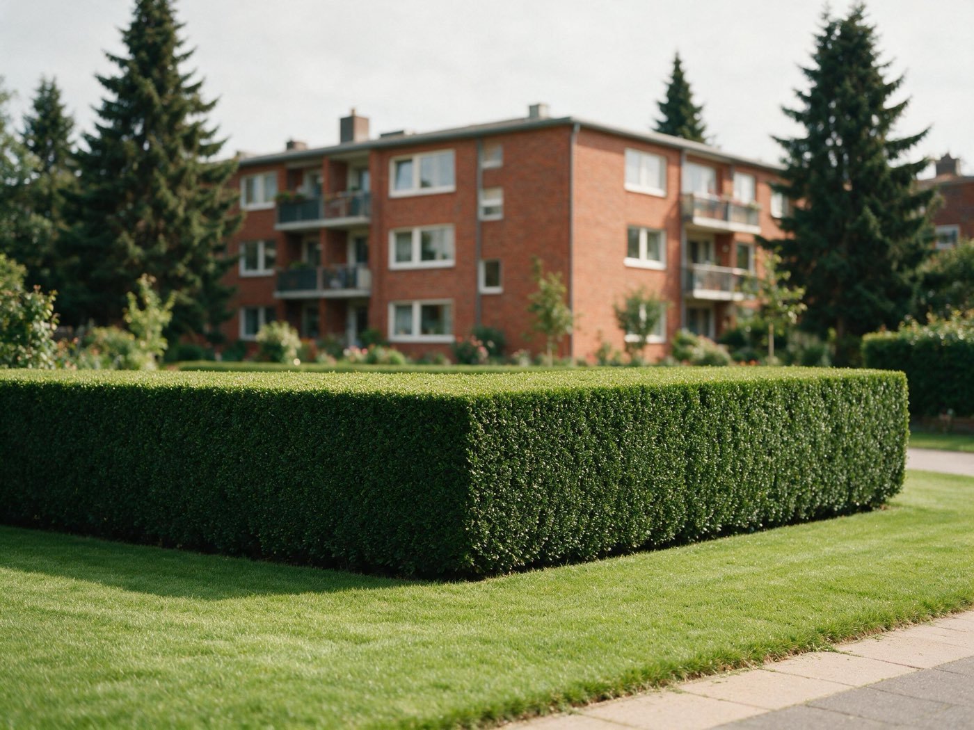 Gepflegte Grünanlage mit geschnittener Hecke vor einer Wohnanlage