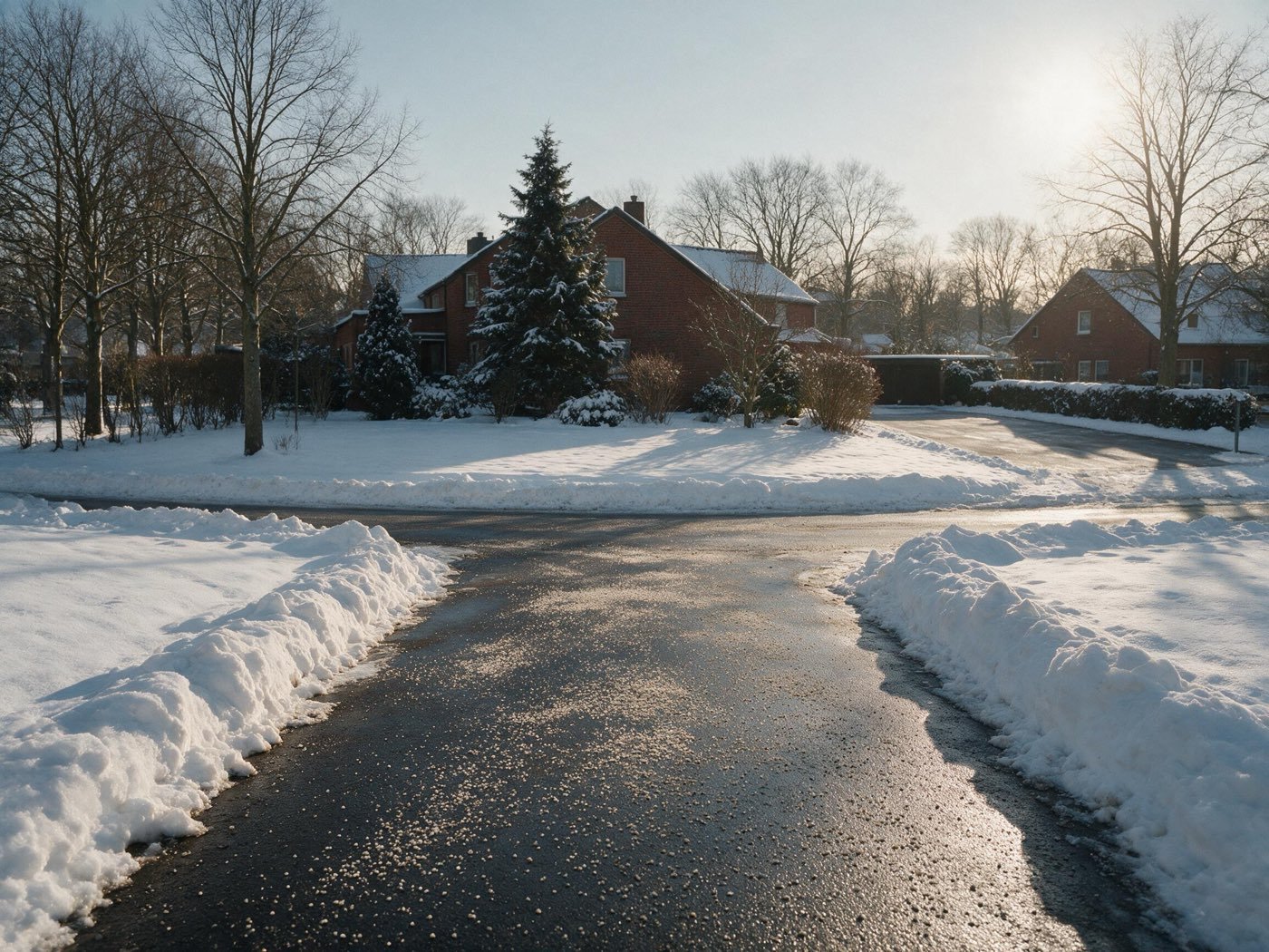 Geräumter und gestreuter Gehweg vor einem Wohnhaus im Winter